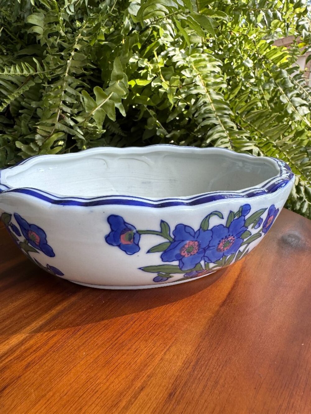 Vintage AAA Imports Decoware Ceramic Planter - Blue Floral Scalloped Oval Flower
